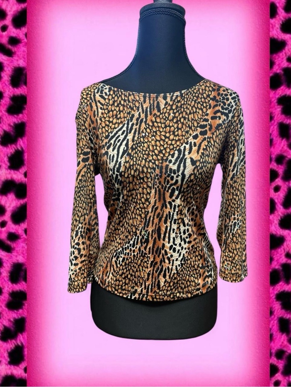 Y2K Animal Print Top Petite Rhinestone Leopard Tiger Glam Mcbling 2000s Vtg S